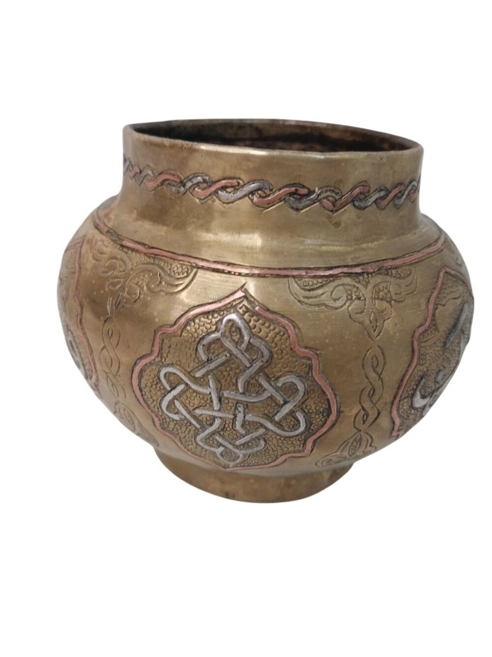 Antique Brass Mamluk Bowl Inlaid Silver & Copper Accents 3.5" Tall Cairoware